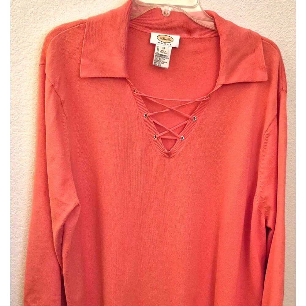 Talbots Coral Botton Blend Laced Up Neckline Long Sleeve Sweater Size 3X GUC